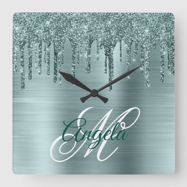 Silver Mynt Borstat Folie Fancy Monogram Fyrkantig Klocka (Framsida)