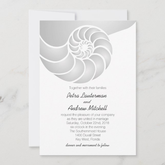 Silver Nautilus Snäcka Beach Wedding Inbjudningar (Framsida)