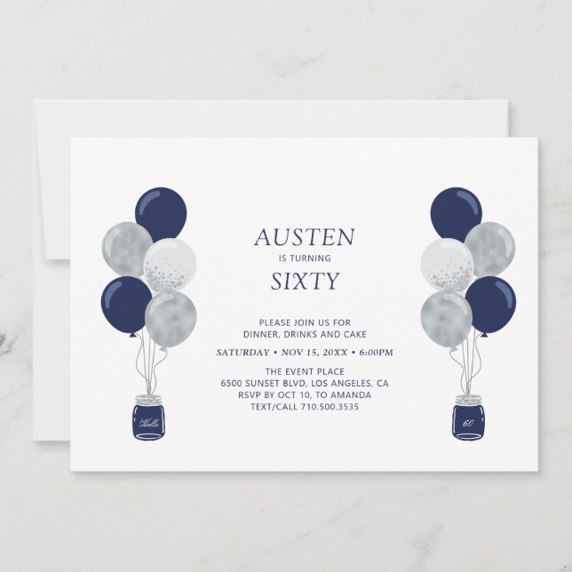 Silver & Navy Ballong Modern Vuxen Födelsedagsfest Inbjudningar (Framsida)