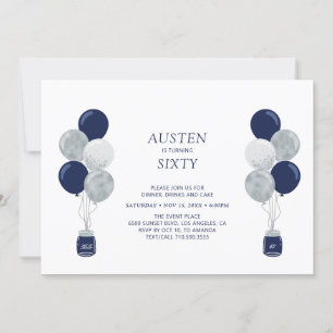 Silver & Navy Ballong Modern Vuxen Födelsedagsfest Inbjudningar