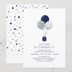 Silver & Navy Ballonger Modern Födelsedagsfest för Inbjudningar