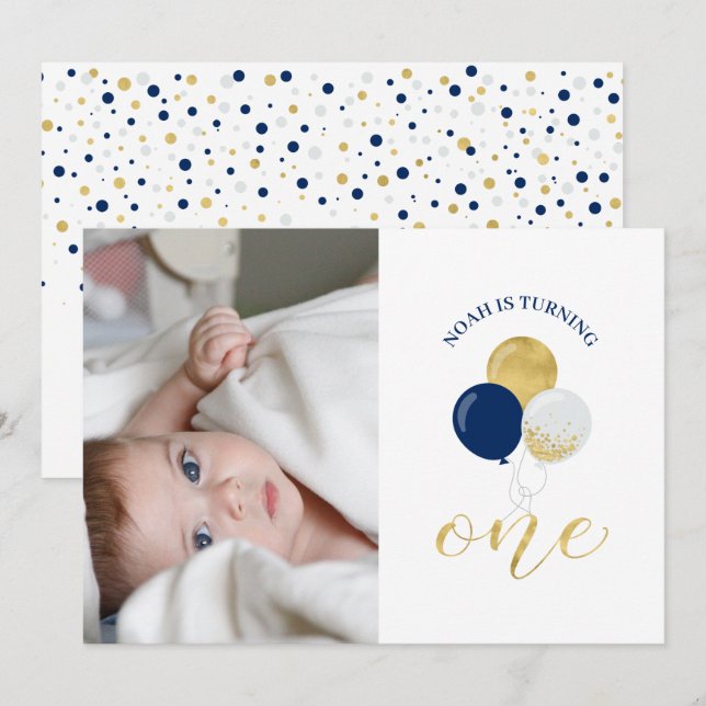 Silver & Navy Ballonger | Pojke 1-års födelsedagsf Inbjudningar (Fram/baksida)