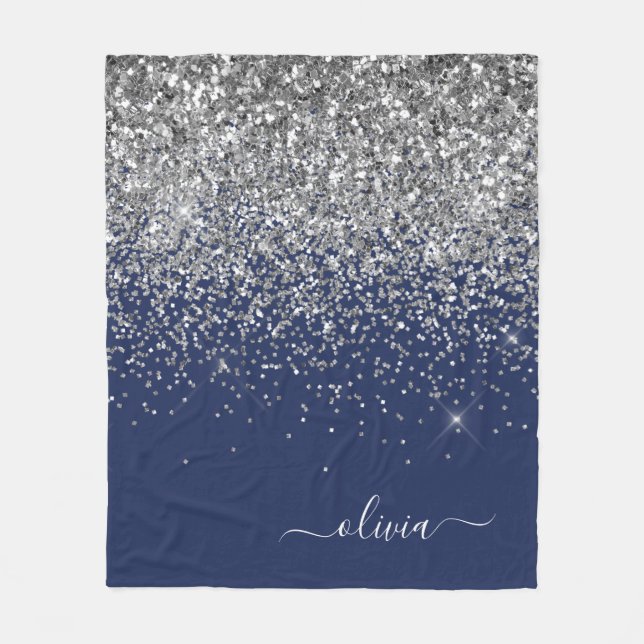Silver Navy Blå Glitter Girlaktig Monogram Namn Fleecefilt (Framsidan)