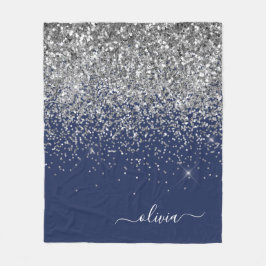 Silver Navy Blå Glitter Girly Monogram Namn Fleecefilt