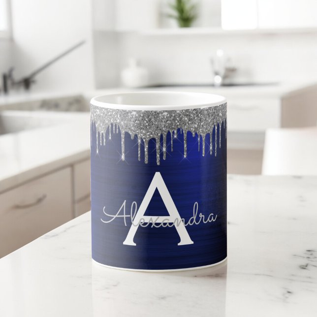 Silver Navy Blå Glitter Glans Monogram Namn Kaffemugg (Skapare uppladdad)