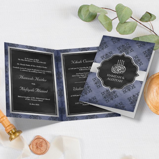 Silver Navy Blå Svart Damask Muslimsk Bröllop Inbjudan (Skapare uppladdad)