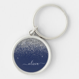 Silver Navy Blue Flickig Glitter Monogram Rund Silverfärgad Nyckelring