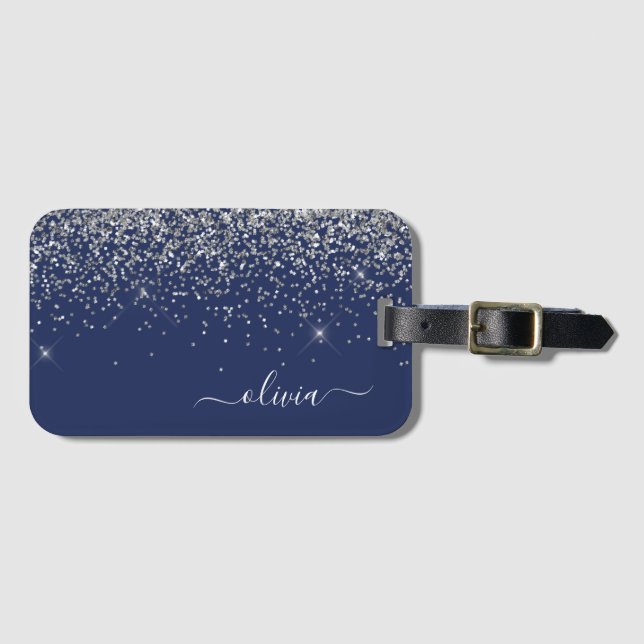Silver Navy Blue Glitter Flickigt Monogram Namn Bagagebricka (Framsida horisontal)