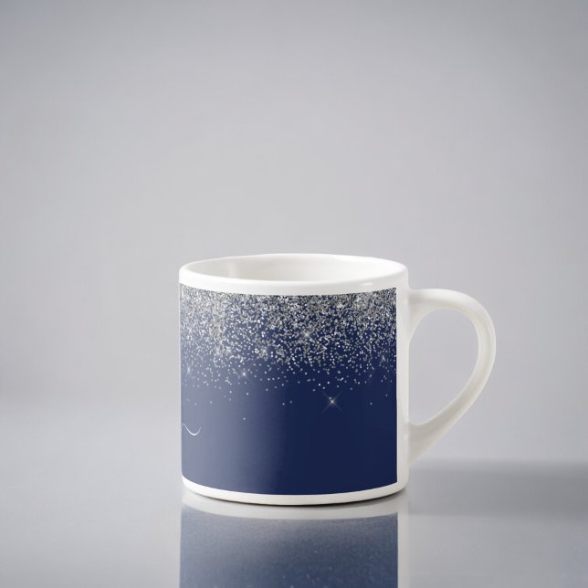 Silver Navy Blue Glitter Metall Monogram Namn Espressomugg (Skapare uppladdad)