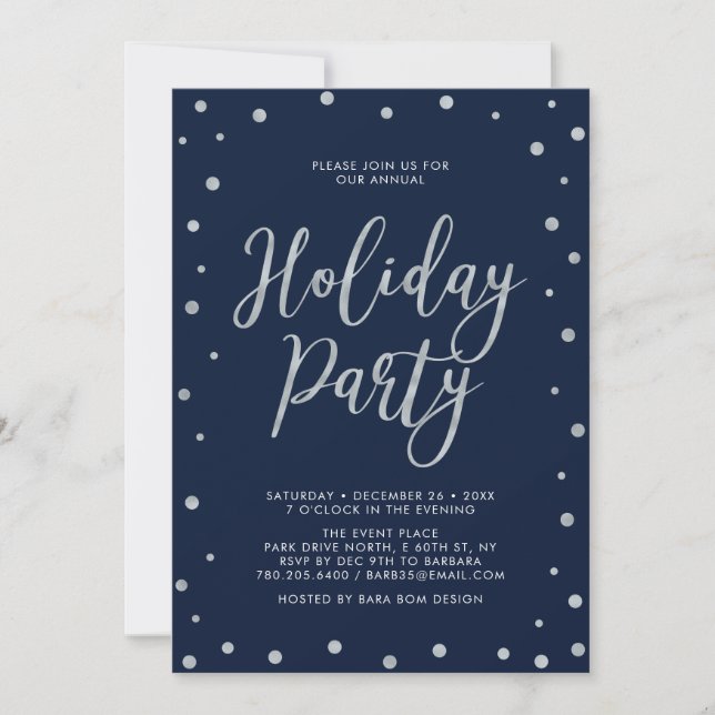 Silver & Navy Blue Modern Konfetti Holiday Party Inbjudningar (Framsida)