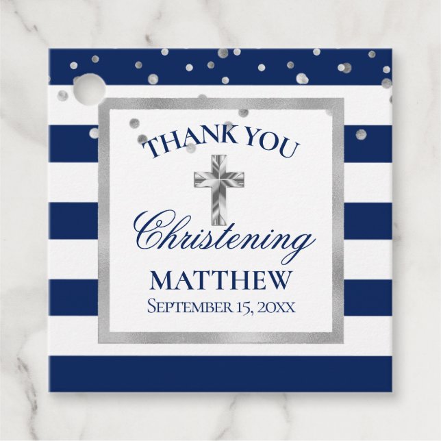 Silver Navy Blue Rand Christening Ceremony Boy Gåvor Etiketter (Framsida)