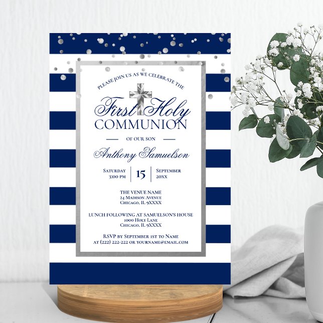 Silver Navy Blue Rand First Heliga Communion Boy Inbjudningar (Silver Navy Blue Stripes First Holy Communion Boy Invitation)