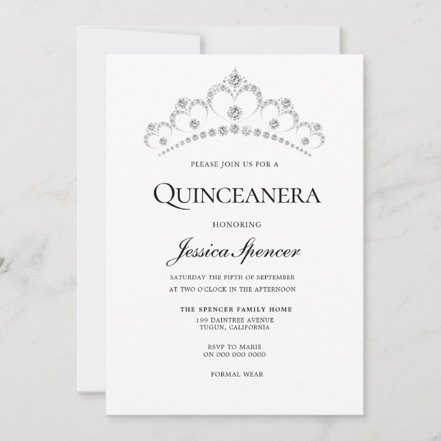 Silver & Navy Diamond Tiara Quinceanera Inbjudan (Framsida)