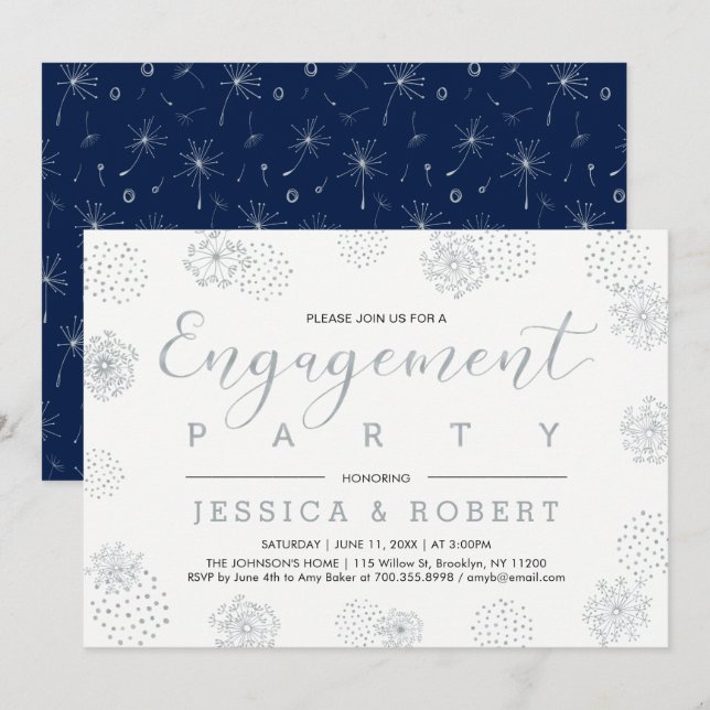 Silver & Navy | Enkel Modern Förlovningsfest Inbjudningar (Fram/baksida)