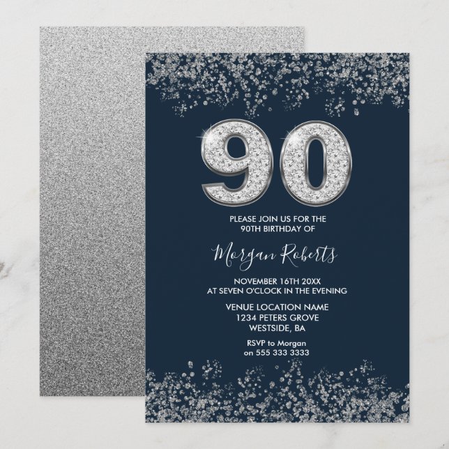 Silver & Navy Manar Womans 90:e Födelsedagsfest Inbjudningar (Fram/baksida)