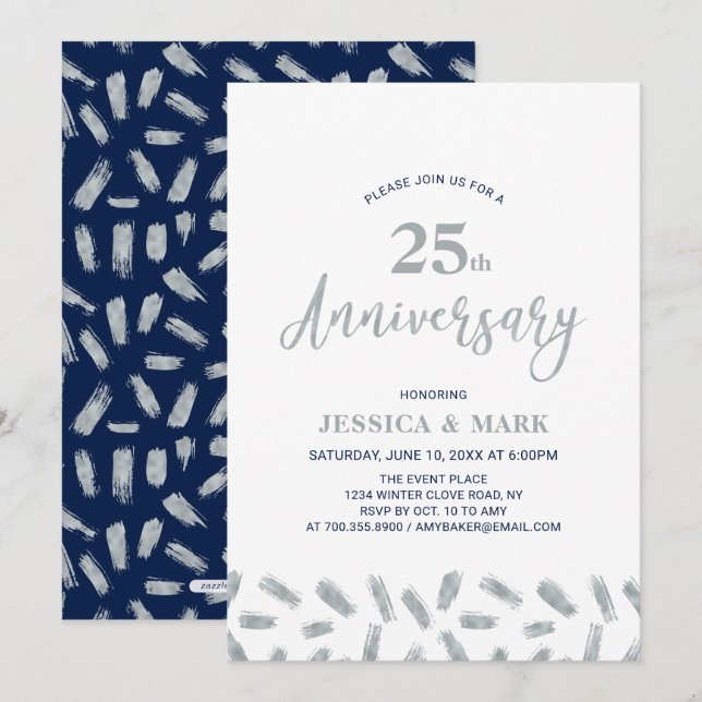 Silver & Navy | Modern 25-års bröllopsjubileum Inbjudningar (Fram/baksida)