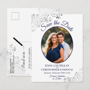 Silver & Navy på vit bröllopsbild Save the Date Fo Meddelande Vykort