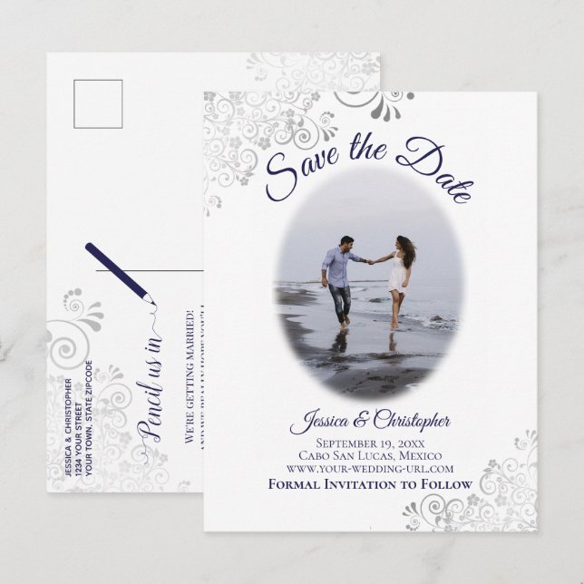 Silver & Navy på vit foto bröllops Save the Date Meddelande Vykort (Fram/baksida)