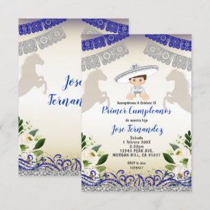 Silver Navy PRIMER CUMPLEANOS Uno Fiesta Birthday Inbjudningar
