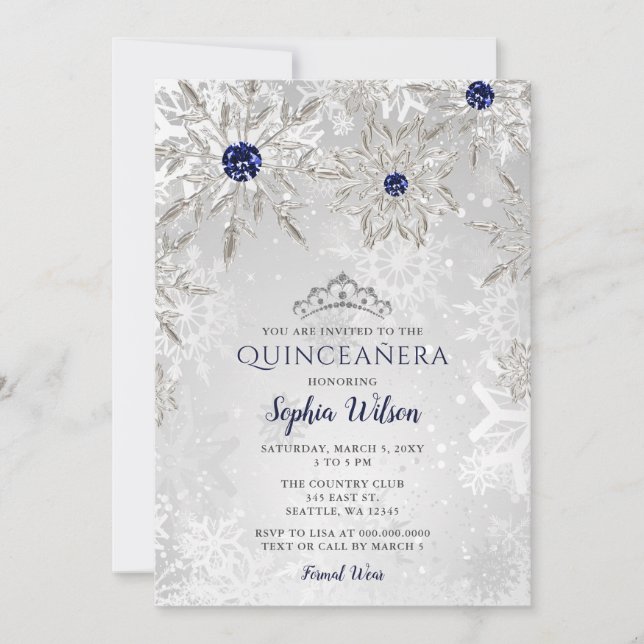 Silver Navy Snöflingor Tiara Quinceañera Inbjudningar (Framsida)