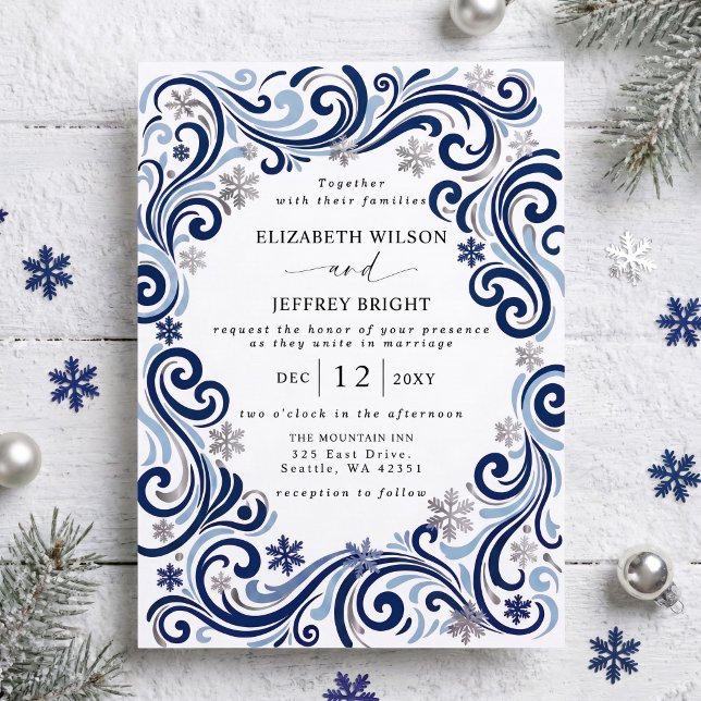 Silver Navy Snöflingor Vinterbröllop Inbjudningar (Silver Navy Snowflakes Winter Wedding Invitation)