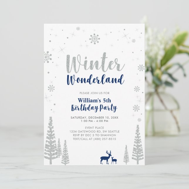 Silver & Navy Vinter Värld Pojk Födelsedag Inbjudningar (Stående Fram)