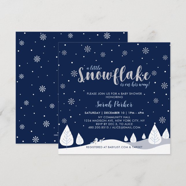 Silver & Navy Vinterundret Pojke Baby Shower Inbjudningar (Fram/baksida)