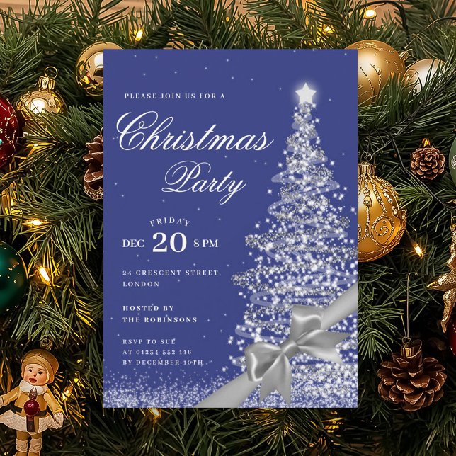 Silver Navy Winter Christmas Tree Bow Holiday  Inbjudningar (Silver Navy Winter Christmas Tree Bow Holiday Invitation)