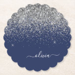Silver Navyblå Glitter Flicknamn Monogram Underlägg Papper<br><div class="desc">Navyblå och Silver Glänsande Glitter Skript Monogram Namn Pappers Coasters. Detta gör den perfekta examen,  födelsedag,  bröllop,  bröllopsdusch,  årsdag,  baby shower eller möhippa present för någon som älskar glam lux och chic stilar.</div>