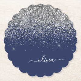 Silver Navyblå Glitter Flicknamn Monogram Underlägg Papper