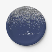 Silver Navyblå Glitter Girlig Monogram Namn