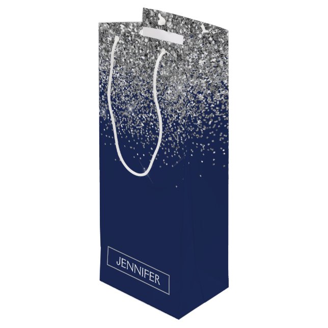 Silver Navyblå Glitter Girlig Monogram Namn (Baksidan Vinklad)