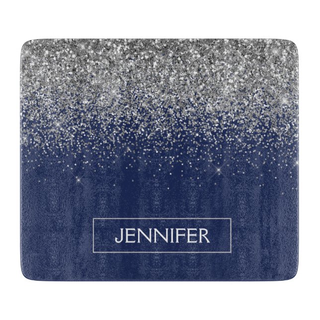 Silver Navyblå Glitter Girly Monogram Namn (Framsidan)