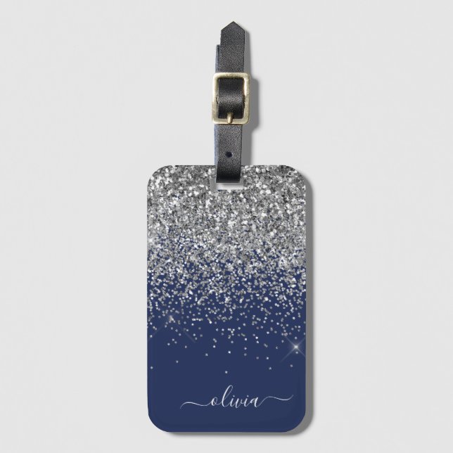 Silver Navyblå Glitter Girly Monogramnamn Bagagebricka (Framsida vertikal)