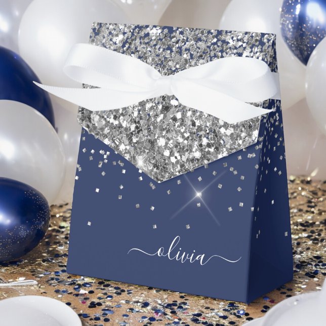 Silver Navyblå Glitter Girly Monogramnamn Presentaskar (Skapare uppladdad)