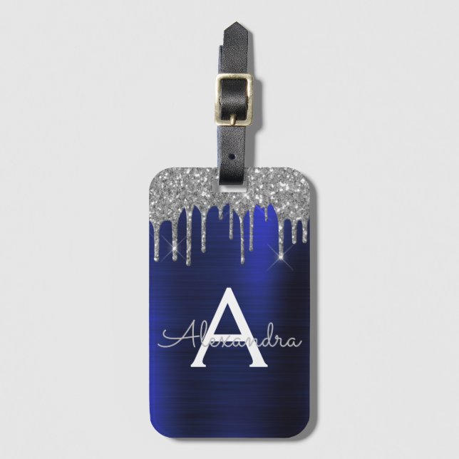Silver Navyblå Glitter Glans Monogram Namn Bagagebricka (Framsida vertikal)