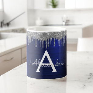 Silver Navyblå Glitter Glans Monogram Namn Kaffemugg