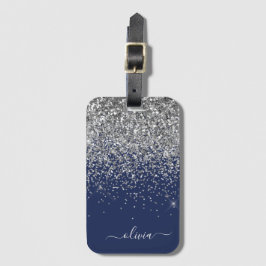 Silver Navyblå Glitter Monogram Namn Bagagebricka