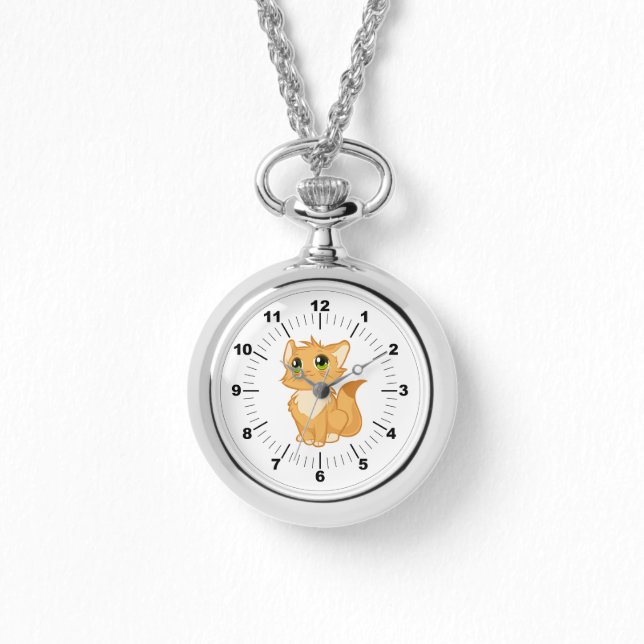 Silver Necklace Watch Cute Cat Armbandsur (Framsida)