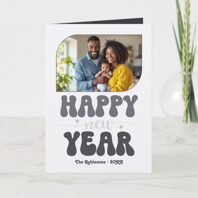 Silver Night Happy New Year Retro Groovy Photo Helgkort (Framsida)