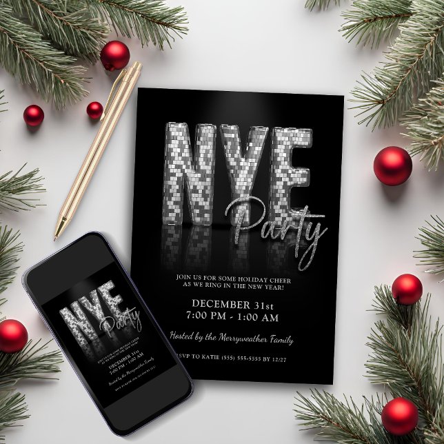 Silver Nyårsafton Disco Party Inbjudningar (Silver New Years Eve Disco Party Invitation)