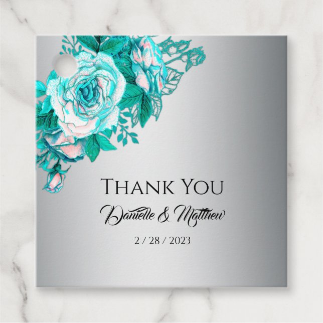 Silver och Aqua Ro Bröllop Tack Gåvor Etiketter (Framsida)