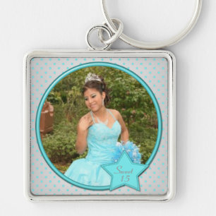Silver- och Aquapolkaen pricker Quinceanera Fyrkantig Silverfärgad Nyckelring