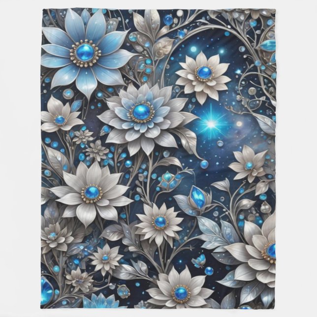 Silver och blå Blommigt Fleecefilt (Framsidan)
