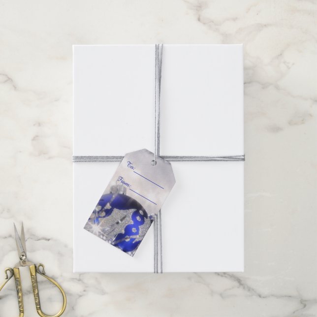 Silver och Blå God jul Märkre Presentetikett (Med Snöre)