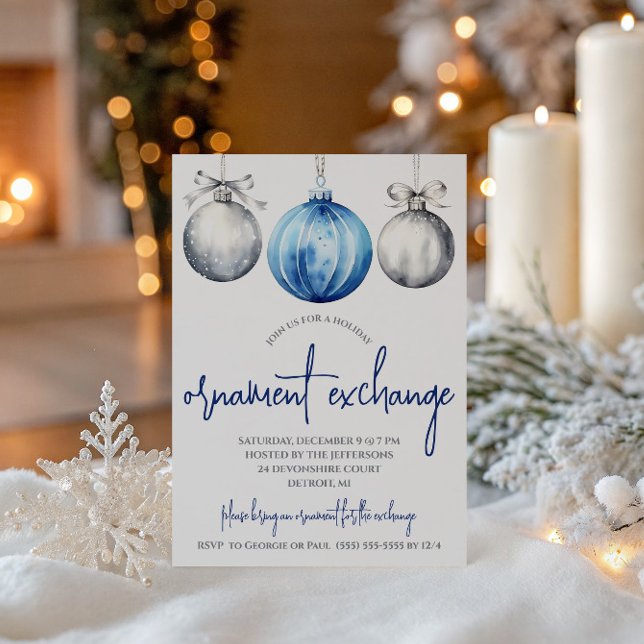 Silver och Blå Prydnadsbyte Julfest Inbjudningar (Skapare uppladdad)