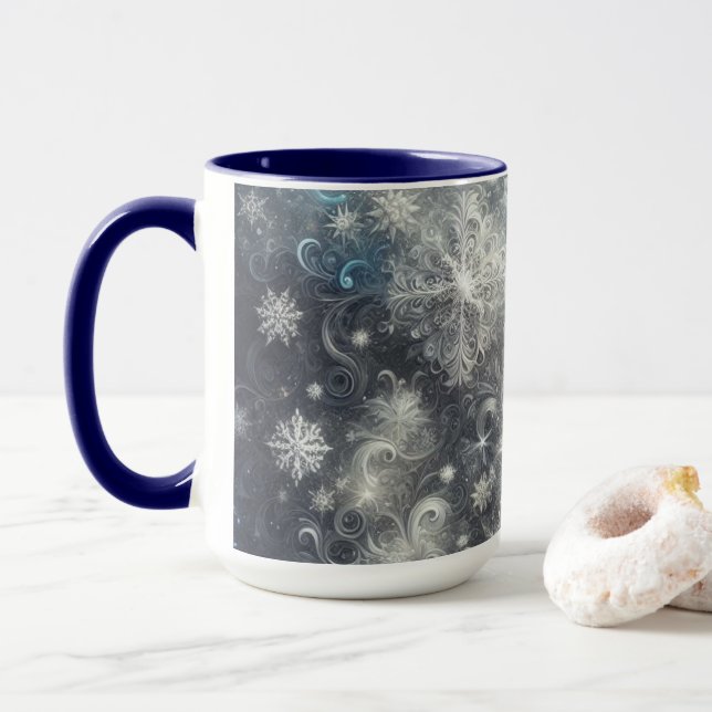 Silver och Blå snöflingvinter Mugg (Med munk)