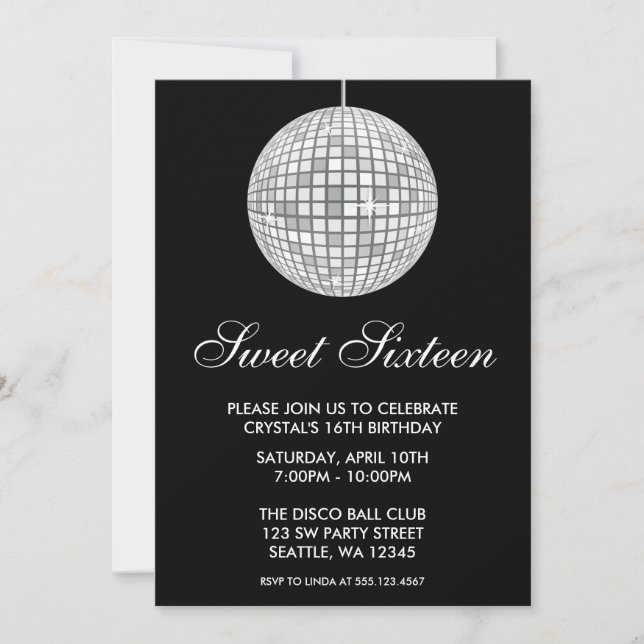 Silver och Black Disco Boll Sweet sixteen Inbjudningar (Framsida)