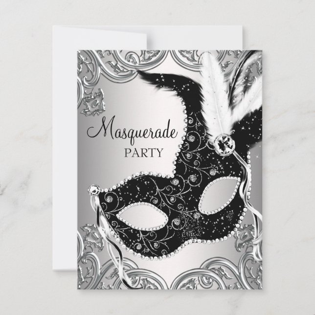 Silver och Black Mask Masquerad Party Inbjudningar (Framsida)