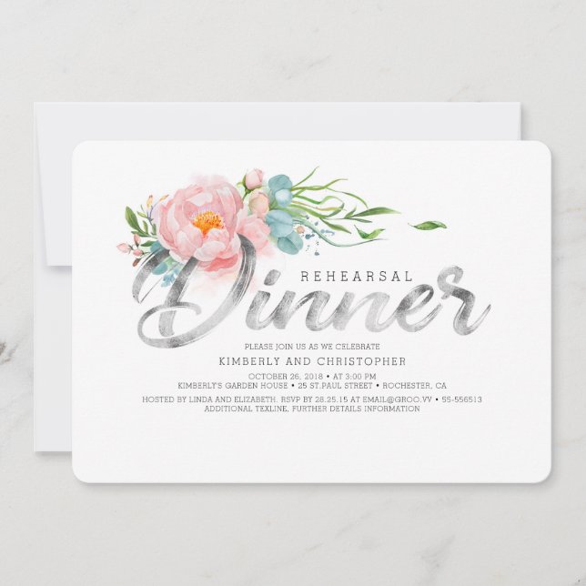 Silver och Blommigtar för  Rosa Inbjudningar (Framsida)